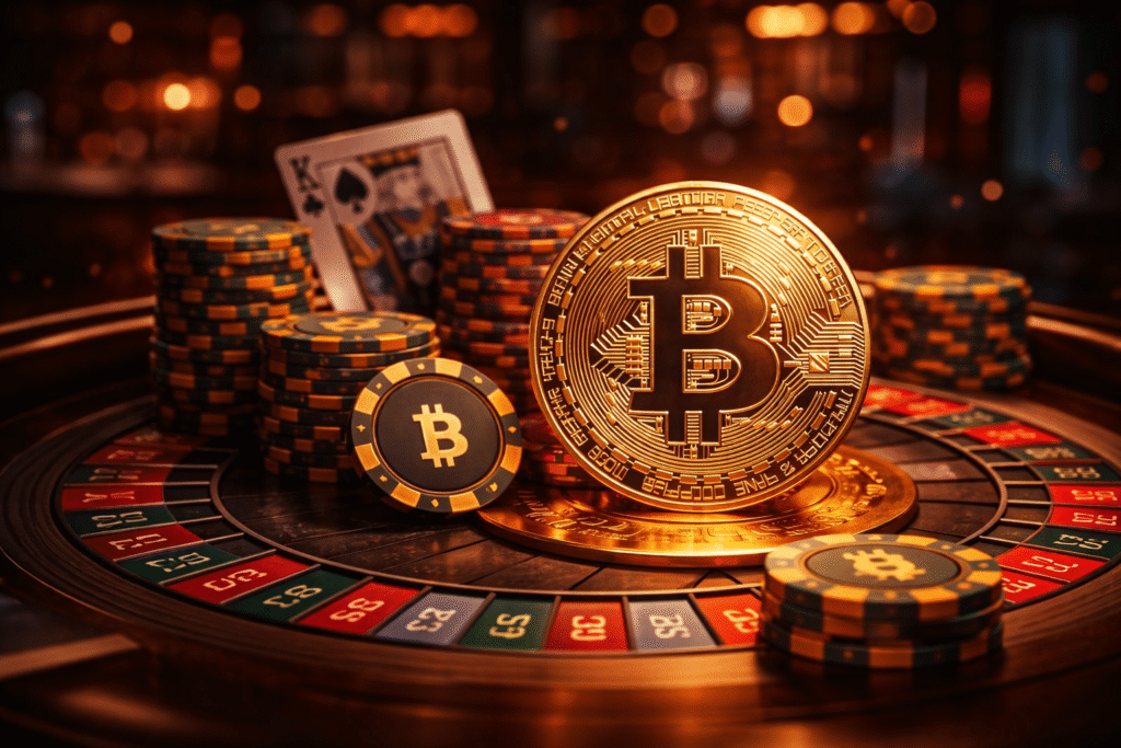 Bitcoin coin displayed on a roulette-style surface representing crypto casinos.