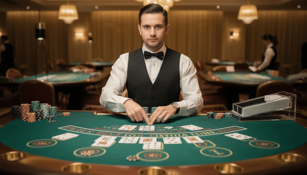Dealer at a casino table arranging playing cards and chips during a live table game.