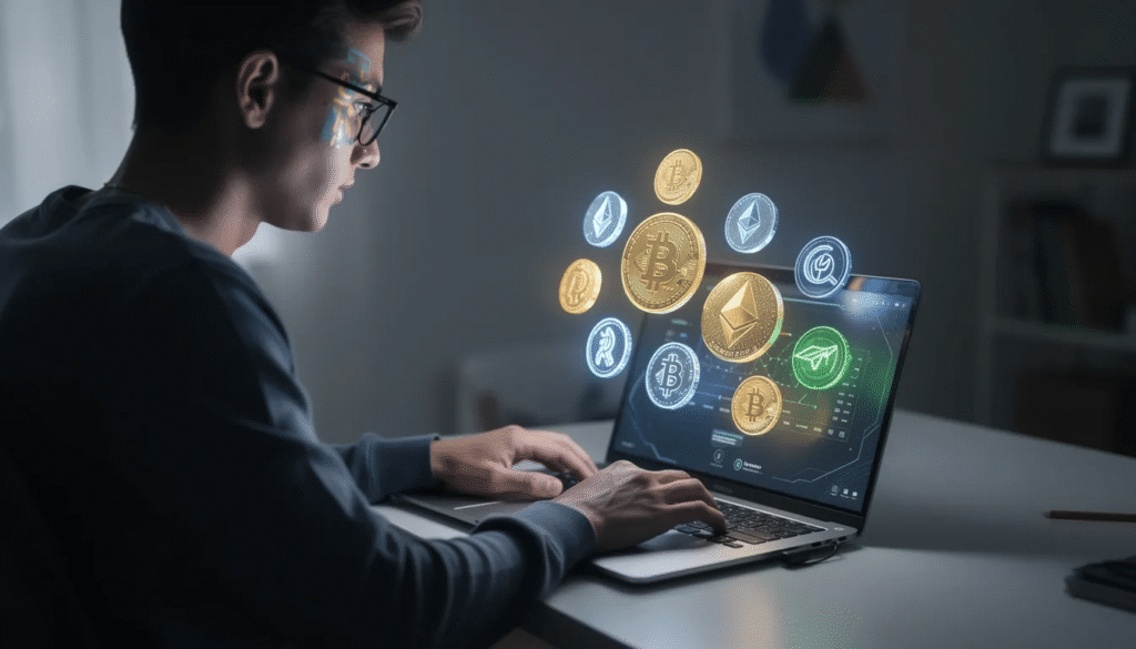 Person using a laptop with a digital interface displaying cryptocurrency icons such as Bitcoin and Ethereum.