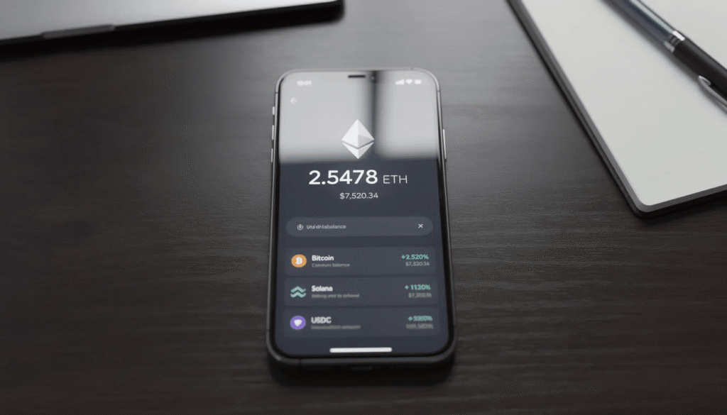 Ethereum casino wallet interface displayed on a smartphone showing an ETH balance and token options on a dark modern background