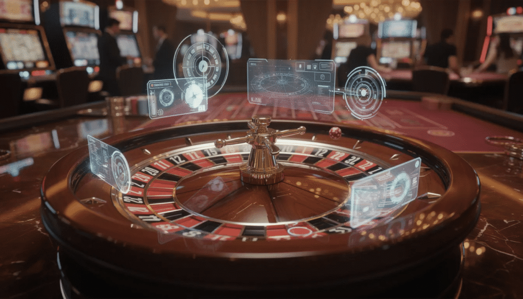 Roulette wheel on a casino floor with futuristic digital overlays representing gameplay data and technology used in modern ethereum casino platforms.
