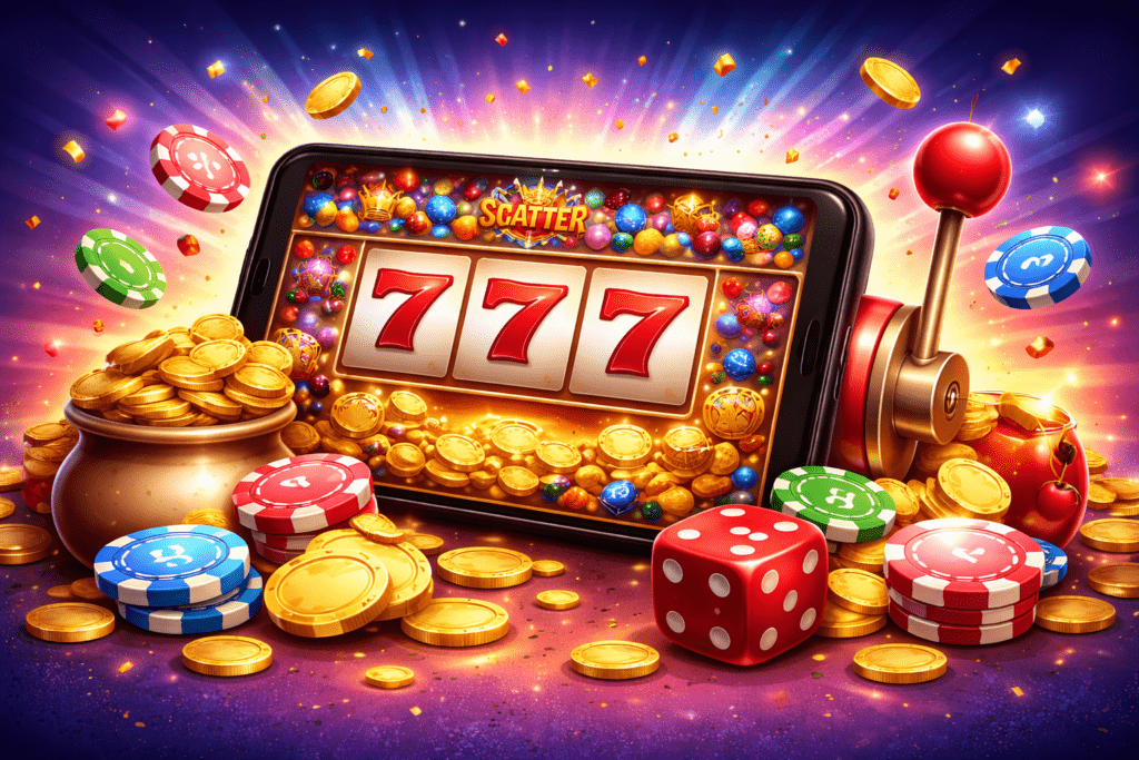 Mobile casinos displayed on a smartphone with slot reels, casino chips, dice, and coins in a wide landscape layout