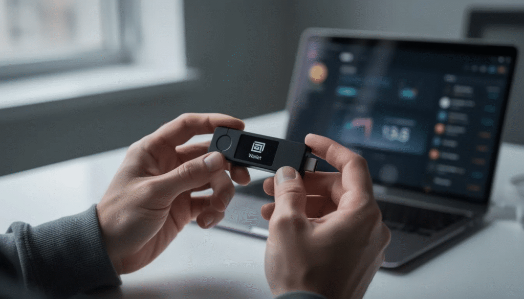 No KYC Crypto Casinos Guide 2026 12 Person holding a hardware crypto wallet connected to a laptop showing a digital dashboard, illustrating secure wallet setup for no KYC crypto casinos.
