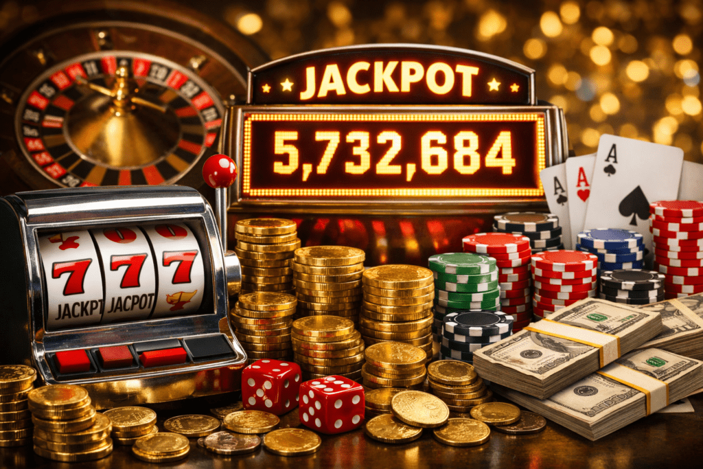 Progressive jackpot casinos featuring a large jackpot slot display with chips, coins, and roulette wheel