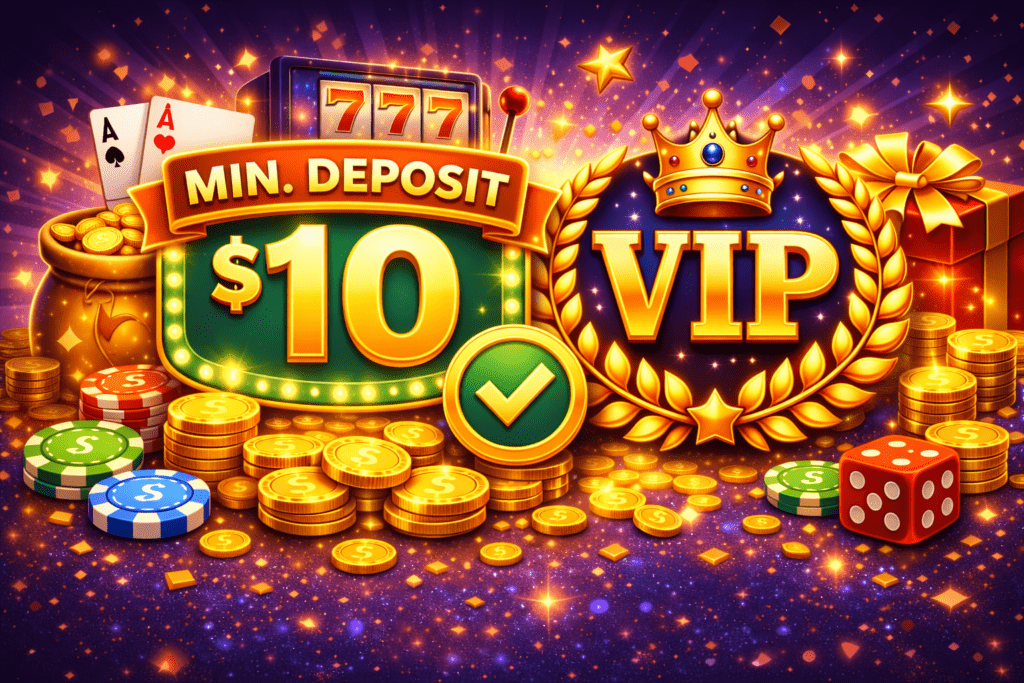 Minimum deposit casinos with VIP casinos benefits, showing low deposit entry, VIP rewards, coins, and casino chips
